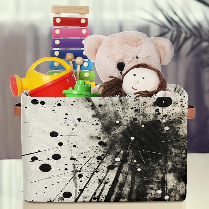 Rectangular Storage Baskets Abstract Black And White Ink Splatter Fabric Storage Bin Toy Organizer Box with PU Leather Handles for Room Decor