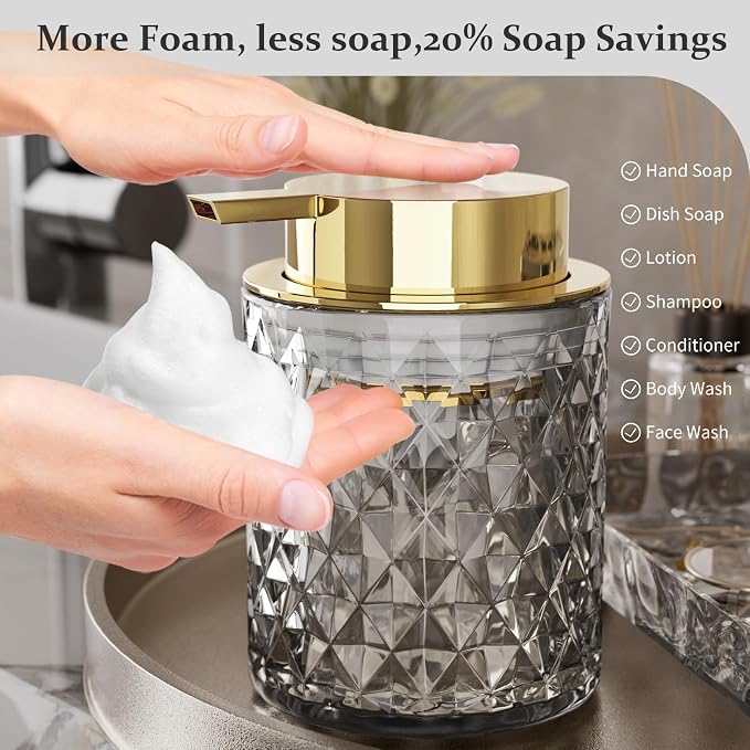 Glass Bathroom Accessories Set 5Pcs Crystal - Foaming Soap Dispenser, Soap Dish, Cup, Acrylic Toothbrush Holder with Tray Organizer, Qtip Jar, Bathroom Counter Set Sink Decor (Black)