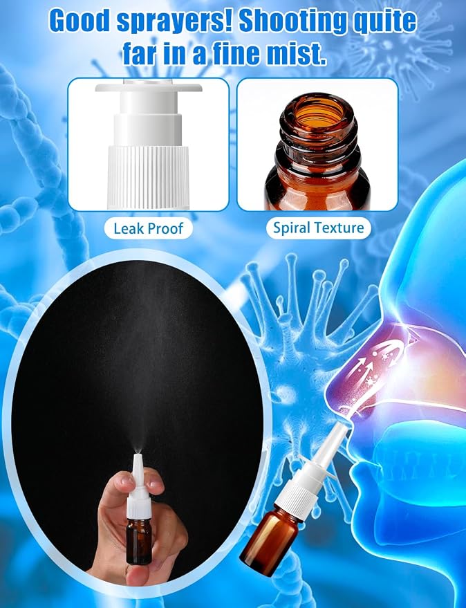 10 Pcs Nasal Spray Bottle, 5ML/0.17OZ 6 Pcs Brown Fine Mist Glass Empty Refillable Nasal Spray Bottle with 2 Funnels and 2 Labels