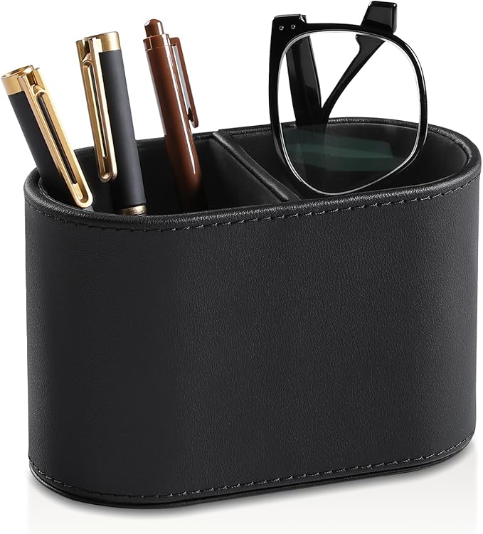 Pen Holder for Desk, Small Remote Control Holder, Black | 2-Compartment Oval Pencil Cup with Soft Velvet Lining, PU Leather Desktop Organizer Caddy for Home School Office Desk