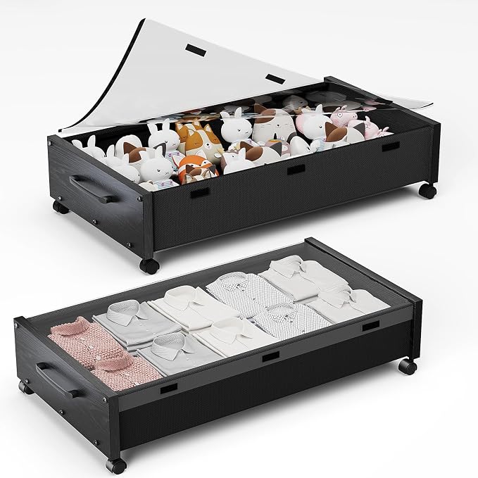 KITHELP Under Bed Storage with Wheels, Wooden Under Bed Drawers 2 Packs, Rolling Underbed Storage Containers Organizer with Handle Removable Lid, Heavy Duty Metal Frame for Clothes Shoe Books(Black)