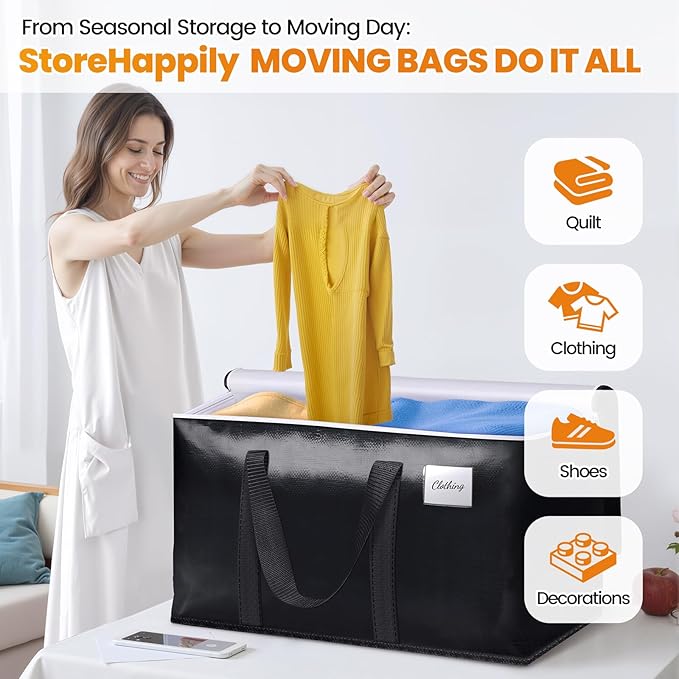 StoreHappily Heavy-Duty & Extra Capacity Moving Bags with Backpack Straps, Storage Totes with Double Zipper & Strong Handles, Packing Bags Alternative to Moving Boxes, Moving Supplies (2 Pack, Black)