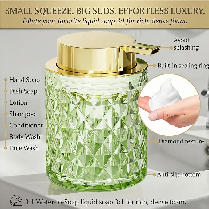 Glass Bathroom Accessories Set 5Pcs Crystal - Foaming Soap Dispenser, Soap Dish, Cup, Acrylic Toothbrush Holder with Tray Organizer, Qtip Jar, Bathroom Counter Set Sink Decor (Green)