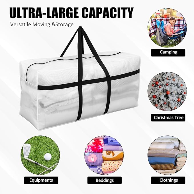 4 Pcs 66 Gallon Extra Large Moving Bags Heavy Duty Storage Bag with Strong Zipper Handle Foldable XXL Jumbo Storage Tote Packing Moving Box for College Dorm Travel Cloth Duffle (Clear)