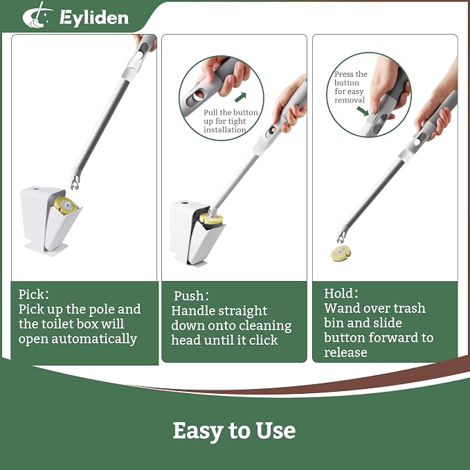 Eyliden Toilet Brush and Holder Set, Disposable Wand Kit with 40-Refills | Built-in Cleaner, 2-in-1 Wall Mount & Stand Auto-open Caddy, Aluminum Handle, Touch-Free for Deep Clean & Bathroom Hygiene