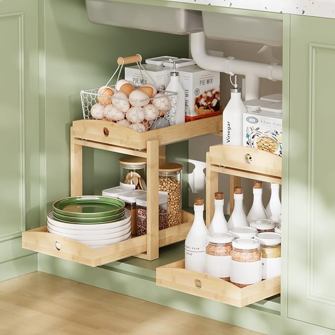 Bamboo Wood Under Sink Organizer 1 Pack, Pull Out Cabinet Organizer 2 Tier Under Sink Organizers and Storage with Sliding Drawer Sturdy Easy Assembly for Kitchen Bathroom Undersink (Nature, 2 Packs)