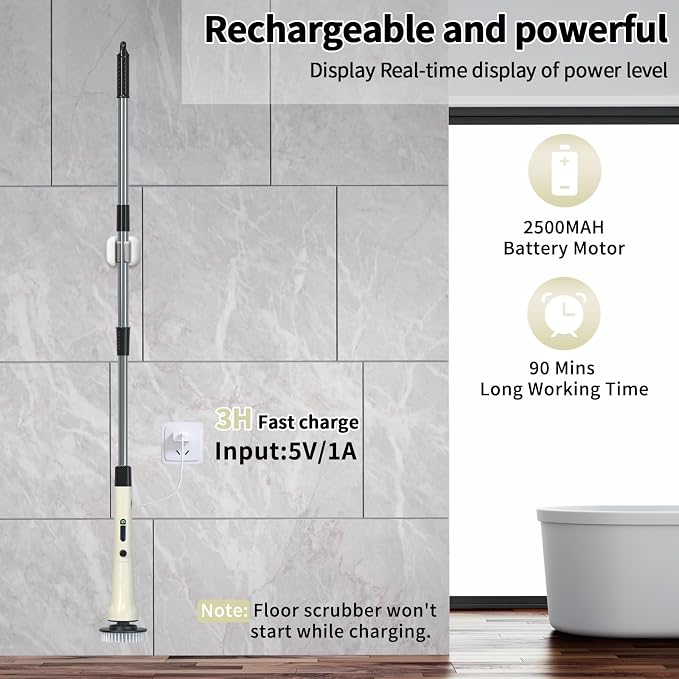 Electric Spin Scrubber, Hillyfe Bath Scrubber for Cleaning with 7 Replaceable Brush Heads, IPX7 Waterproof,300/400 RPM, 3 Adjustable Size,Cordless Shower Cleaner Brush for Bathroom Floor,Beige