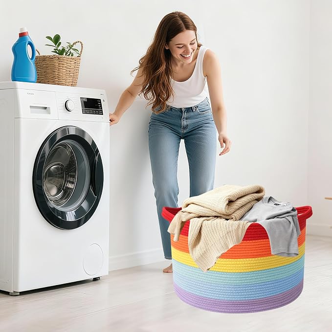 115L Large Blanket Basket,23.6" L x 23.6" W x 15.7" H Rope Woven Baskets with Handles, Toys Storage Bins,Laundry Basket Perfect for Living Room, Nursery,Bedroom,Home Organization,Rainbow