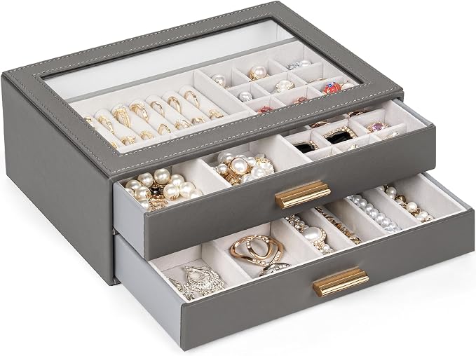 AKOZLIN Jewelry Box with Clear Lid Functional Leather Jewelry Storage Organizer Case 2 Drawers for Women Girls Necklace Ring Bracelet Earring