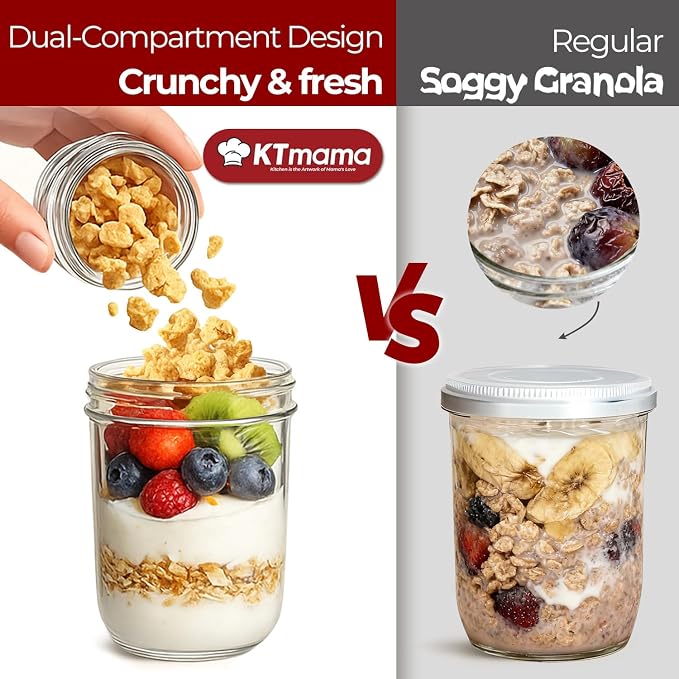 16+4 oz Glass Parfait Cups with Lids 2 Pack Yogurt To Go Containers | Dry Wet Separation, Overnight Oats Containers,Chia Pudding,Nuts, Fruit,Granola Toppings,Meal Prep Jars