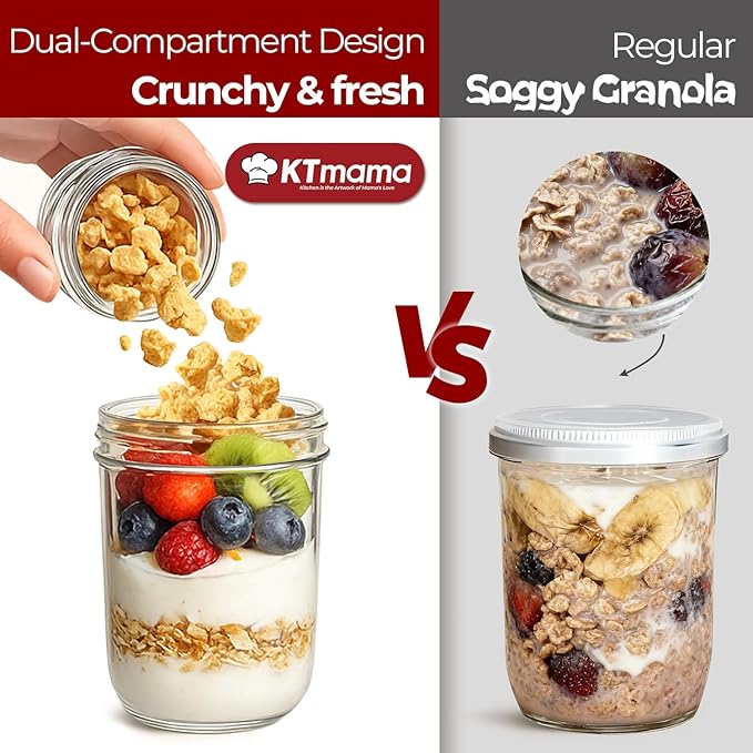 16+4 oz Yogurt Parfait Cups with Lids 4 Pack Overnight Oats Jars | Dry Wet Separation, Cereal Cups,Chia Pudding,Snacks,Nuts, Fruit,Granola Toppings,Meal Prep Jars