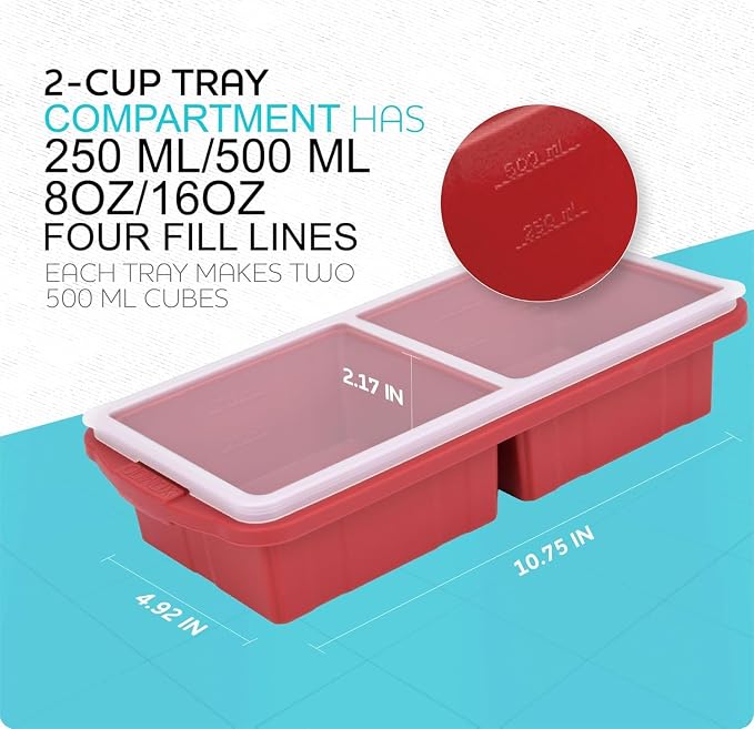Silicone Freezer Tray With Lid-Soup Freezer Container molds-Large Ice Cube Tray Set Makes 1-Cup & 2-Cup portions cubes Perfect for preparing meals in different portion sizes Oven & Dishwasher -Safe