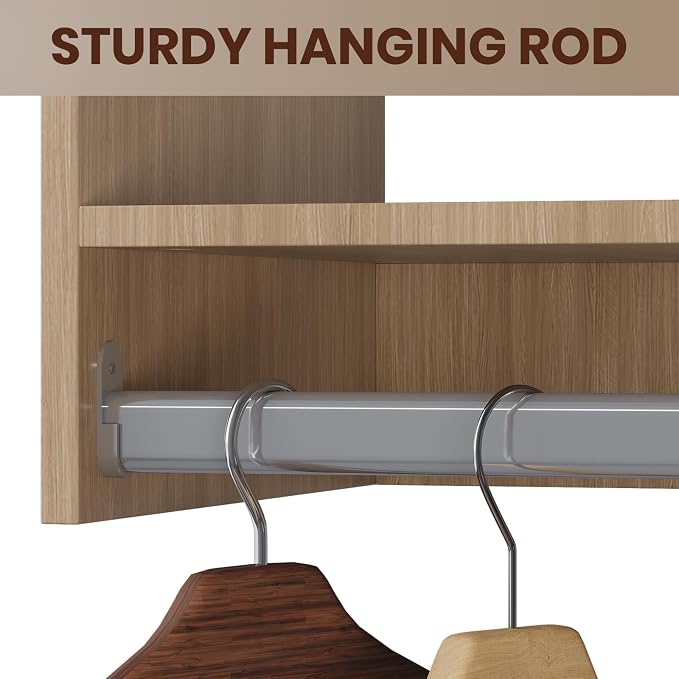 ROOMTEC Modular Closet System, 72" Wall Mounted Modern Closet Organizer with Hanging Rods and Shoe Shelf, Wooden Tower for Walk-In Closets, Wardrobe Storage Kit, Wood