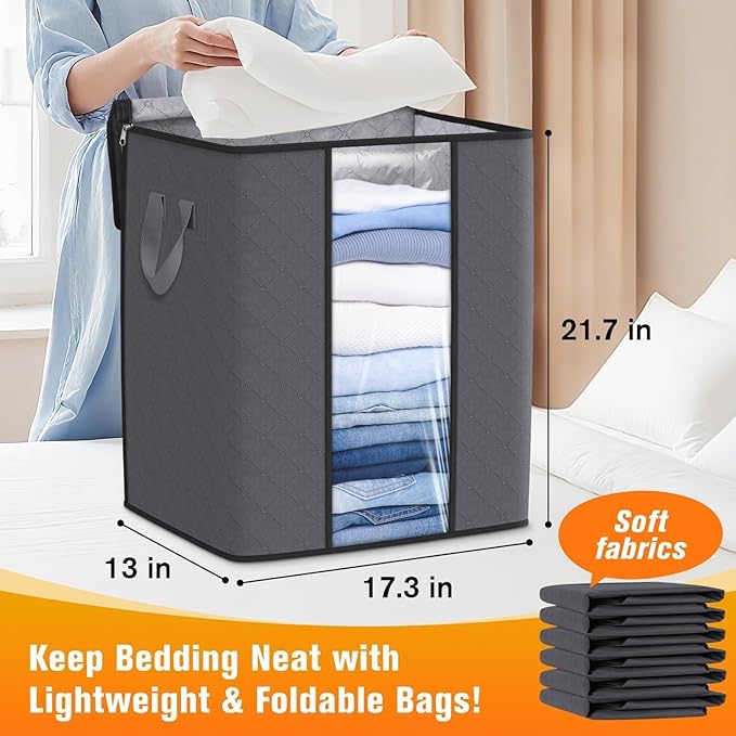 SpaceTrove Clothes Storage Bags, 8-Pack Comforter Blanket Organizers, 80L Large Capacity Containers with Visual Window for Clothing, Quilt, Sheet, Pillow, Closet Organization for Bedding (Grey)