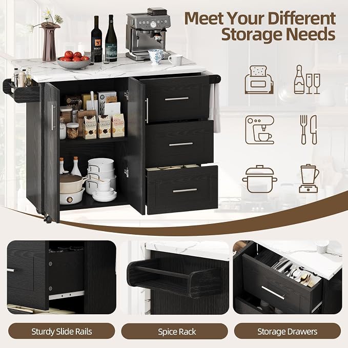 4 EVER WINNER 43" Modern Kitchen Island on Wheels with Drop Leaf & Storage, Faux Marble Tabletop, 3 Drawers with Spice Rack & Towel Rack, Rolling Kitchen Cart for Small Space, Black