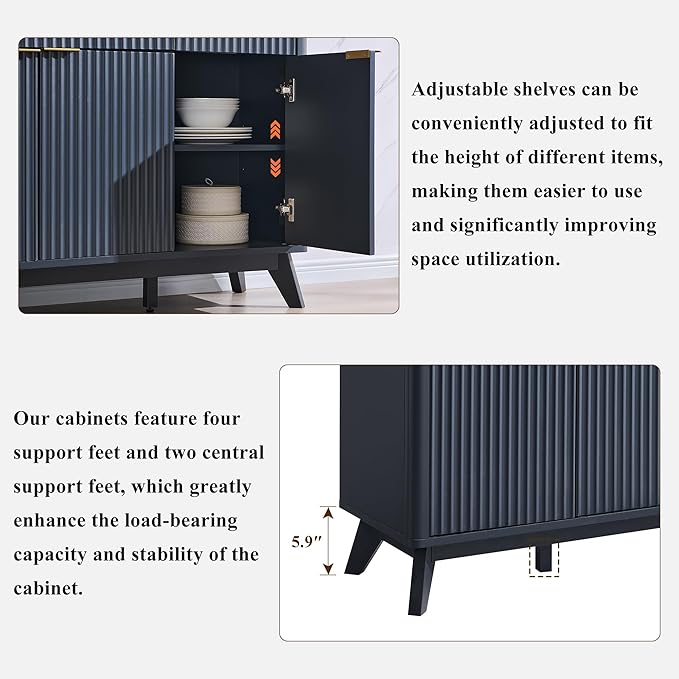 OKD 60" Fluted Buffet Sideboard Cabinet with Storage, Morden Credenza Buffet Table Coffee Bar Storage Cabinet with 4 Doors and 3 Drawers for Dining Room, Living Room,Hallway (Dark Grey)