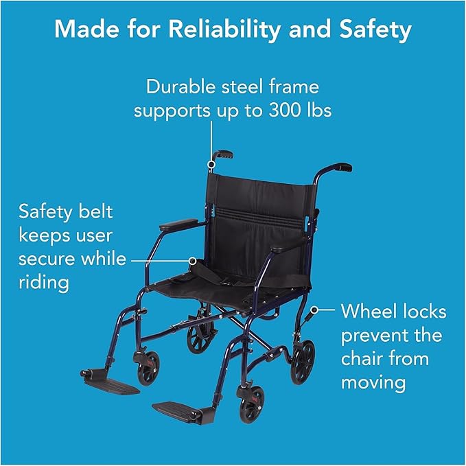 Carex Transport Wheelchair with Cushion, 19 inch Seat - Folding Transport Chair with Foot Rests
