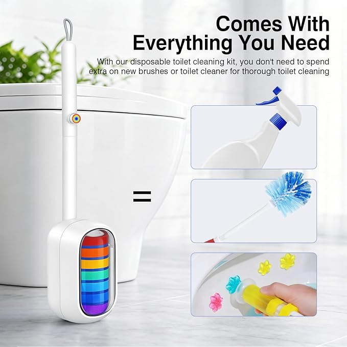 Disposable Toilet Brush, Toilet Cleaning Brush 7 Color-Coded Set – Strong Scrubbing Power, Hygienic Clipper Design No Fall Off, Each Handle with 35 Refill Heads, Clean Bathroom, Tub, Floor