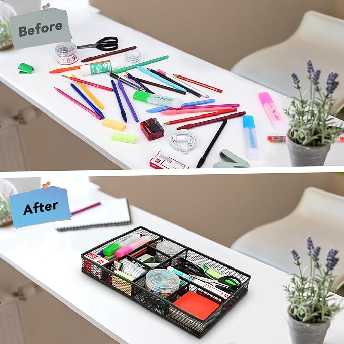 shenee Desk Drawer Organizer Tray,Drawer Organizer for Office and Home,Desk Organizer with Drawers,7 Compartments,Non-Slip Desk Organizers (Black, 12.3" L x 8.3" W x 1.8" H)