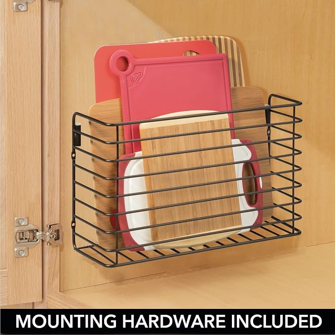 mDesign Over The Cupboard Hanging Storage Basket – Metal Bakeware Organiser and Cutting Board Holder – Excellent Kitchen Storage Solution – Bronze