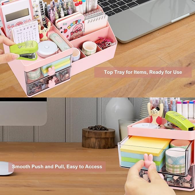 Meiikun Desk Organizer, Makeup Organizer with 2 Drawers, 7 Compartment & a Top Tray, Desktop Organizers and Storage for Women, Cute Home organization Bathroom, 11" x 5.7" x 4.7" (Pink)