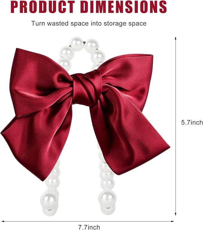 2 PCS Bow Pearl Car Seat Headrest Hook, Car Seatback Hanging Organizer Elegant Pearl Purse Hanger, Cute Bow Vehicle Interior Headrest Storage Hook for Handbag Purse Coat (Red)