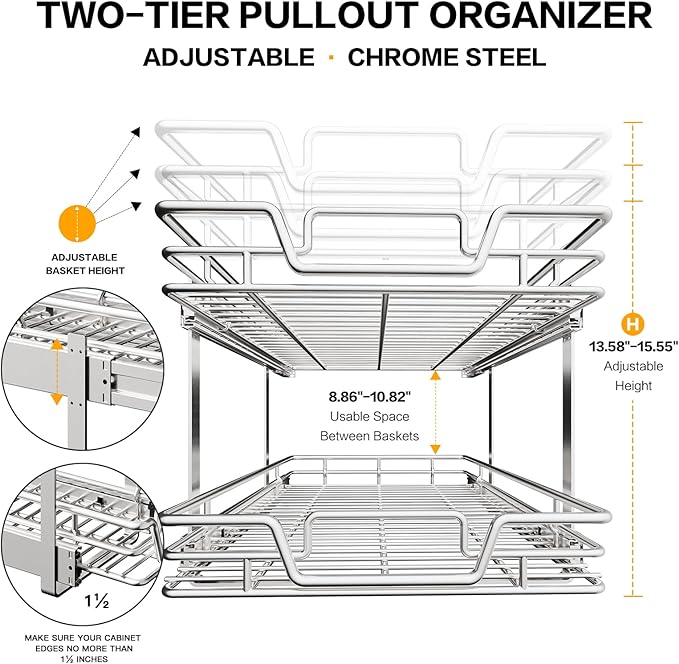 2-Tier Kitchen Cabinet,Pull Out Cabinet Organizer,Shelf and Drawer Organizer Slide Out Pantry Storaqe Basket in Multiple Sizes (12" W x21 D)