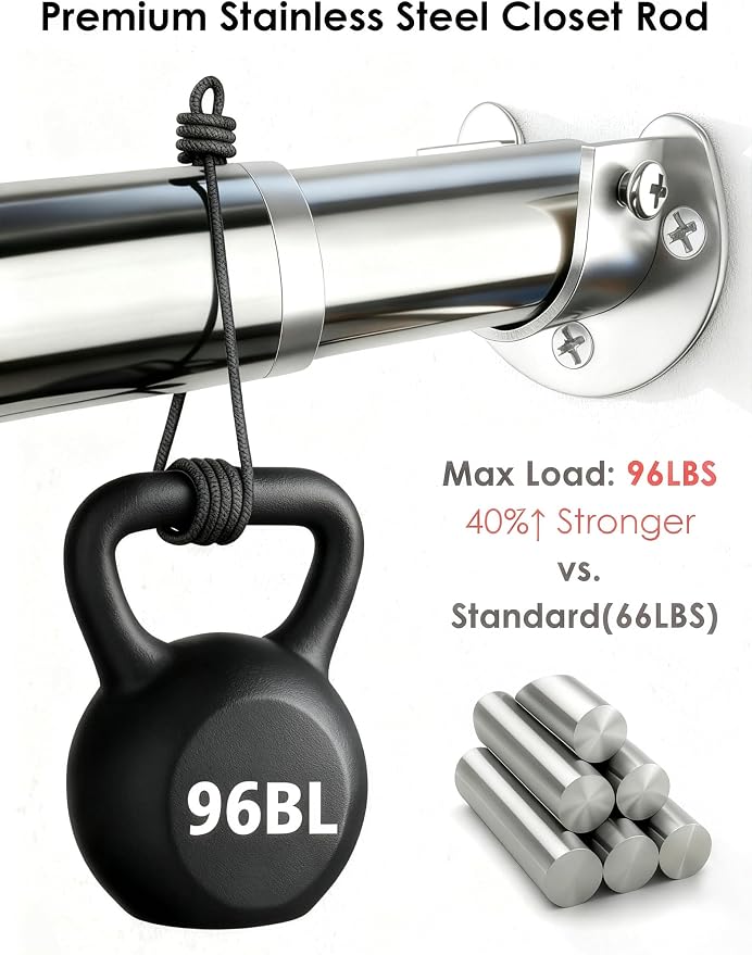 Premium Stainless Steel Closet Rod 1.0mm/1.3", Heavy Duty Adjustable Hanging Bar for Clothes Organization, No-Splice 1-Piece Telescoping Design (Silver, 26.9" - 46.9")