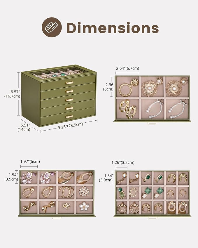 Lolalet Earring Organizer, Jewelry Box with Clear Lid -Sage, 5 Layer | PU Leather, Velvet, Removable Dividers, Dustproof, Easy Clean, For Studs Rings, Gift for Women Girls, Home Aesthetic Decor
