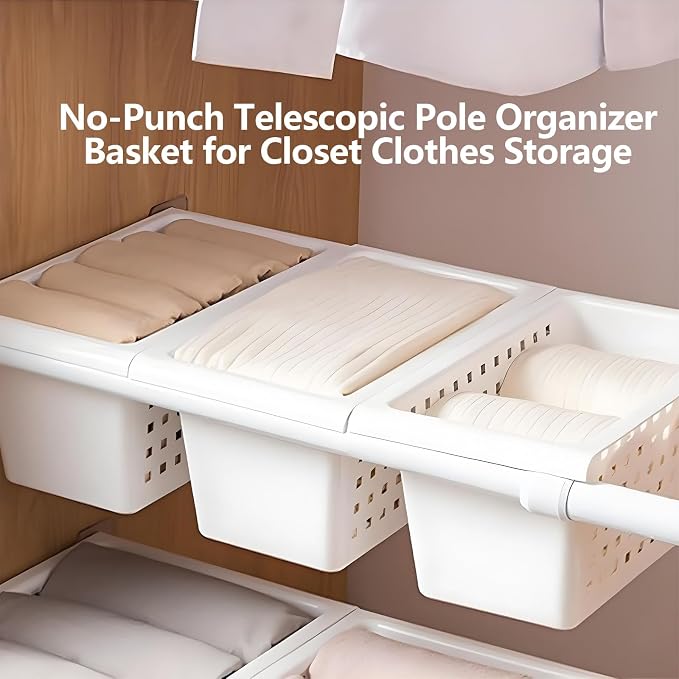 Gonetre Shelf Baskets Storage Basket for Expandable Rod Under Sink Organizer PP Plastic Hanging Basket for Closet Wardrobe Kitchen 30*16*8CM Storage supplies