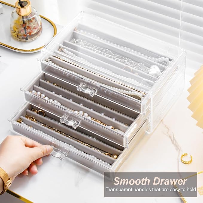YUFONG Necklace Holder Organizer, Dustproof Necklace Box Velvet Necklace Organizer Box with Lid Clear Acrylic Dustproof Stackable Jewelry Displays for Necklaces Chain Display (Gray, 3 Drawer)