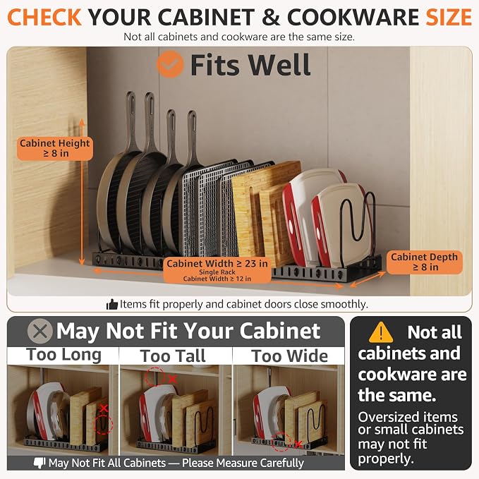 HzTinT Expandable Pots and Pans Organizer Under Cabinet, 12 Dividers | Pot Lid Organizer with Solid Steel Base, Pan Organizer with Adjustable Dividers for Pots, Pans, Cutting Boards & Bakeware.