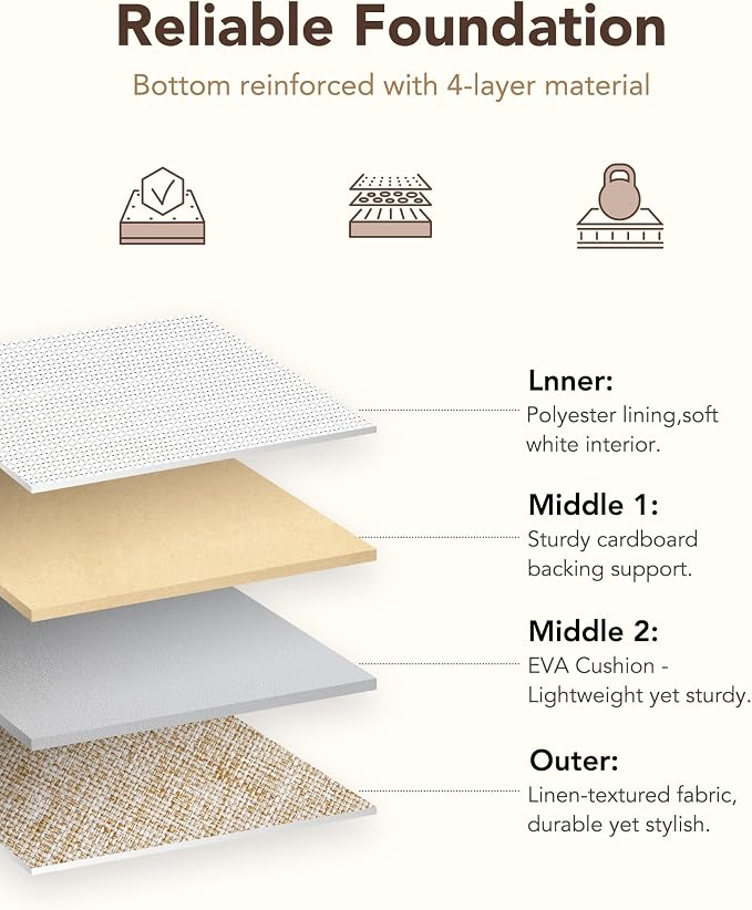 12x12 Inch Fabric Cube Storage Bins with Cotton Rope Handle 6-Pack | Top Support of Metal Frame, Bottom with Cardboard Support, Foldable Storage Bins for Closet, Bedroom, White Khaki