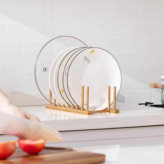 HBlife 4pcs Heighten Bamboo Wooden Dish Drying Rack Plate Pot Lid Organizer | Plate Bowl Cup Book Pot Lid Cutting Board Stand, Drainer Storage Holder Organizer, For Kitchen Cabinet, 8 Slots