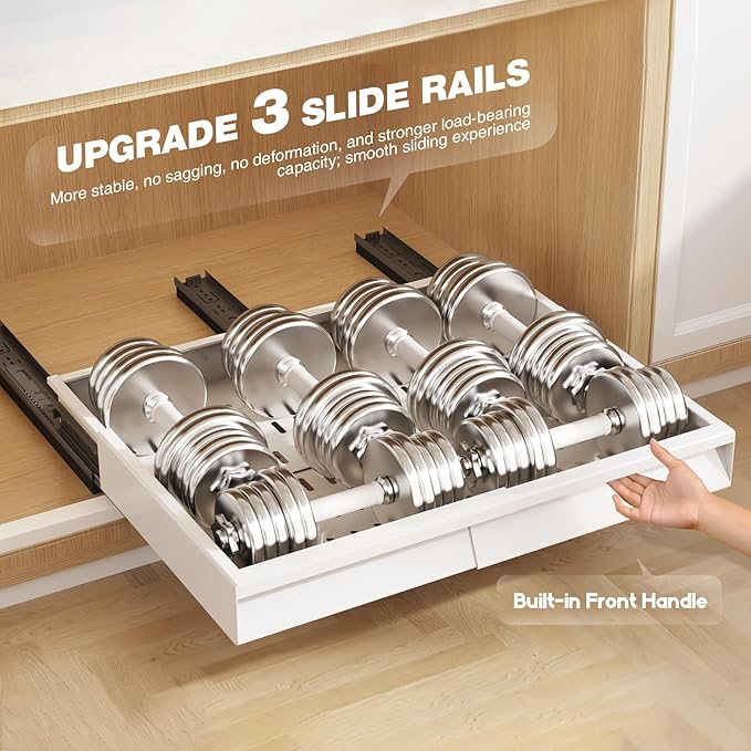 Seinloes 2 Pack Pull Out Cabinet Organizer With Raising Pad for Framed Cabinets,Expandable Width (13"-21") and Depth (13"-17"),3 Slide Rails Slide Out Drawers with Handle,No-Drill Roll Out Shelf,White