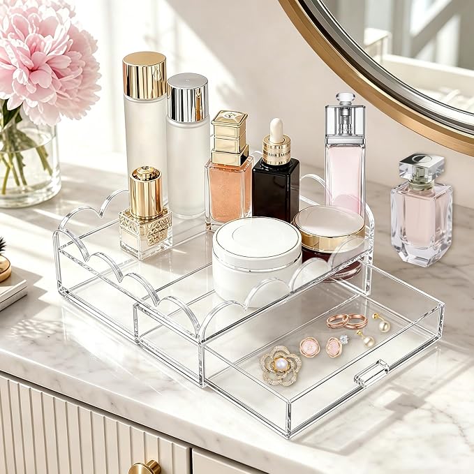 Acrylic Tray with Drawer 5" x 5" Scalloped Clear Acrylic Display Tray for Insert Needlepoint,Desk PMMA Organizer for Perfume Necklace Lipstick Cosmetic Bedroom Bathroom Napkin Tray