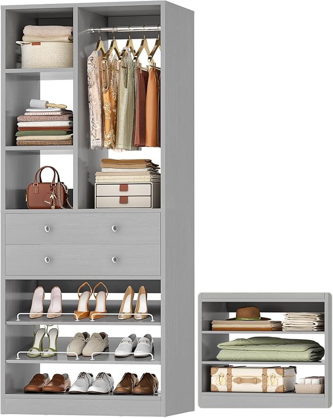 Besiost Small Closet System, 28"/2.3 FT Wood Closet Organizer System with Drawers and Shelves, Walk-in Closet Systems for Small Closets, Free Standing Reach in Closets Tower, Morandi Grey