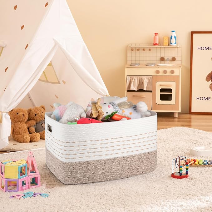 OIAHOM 75L Extra Large Blanket Basket, 22”x17”x15” Rectangle Woven Cotton Rope Baskets for Living Room, Toy Storage with Handle- Gradient Light Brown