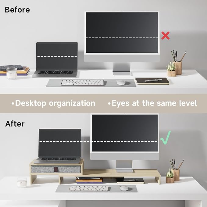 Fenge Triple Monitor Stand with Srorage Drawer, Adjustable Length and Angle | Computer Monitor Riser for 2 or 3 Monitors, Wooden Desktop Laptop Stand, Office Organizer for PC, Screen, Tablet, Oak