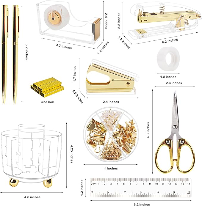 Office Desk Accessories Supplies - 11 Pcs Gold Desk Decor Set with 360-Degree Rotating Pen Holder, Women Cute Aesthetic Office Essentials Kit, Stapler Tape Dispenser, Acrylic Gift for School Home Work