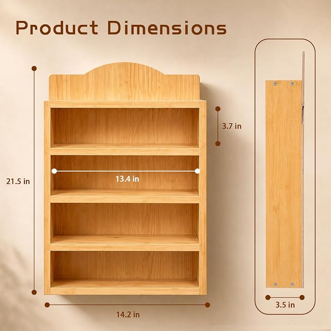 Farmhouse Spice Rack Wall Mounted, 4 Tier Wooden Spice Organizer Shelf for 24 House-Shaped Jars, Natural Wood Decorative Kitchen Shelf
