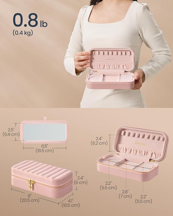 SONGMICS HOME Travel Jewelry Case with Mirror, Stitching, Portable | Jewelry box organizer, 4.1 x 8 x 2.4 Inches, Gift Idea, Jelly Pink, UJBC180S01