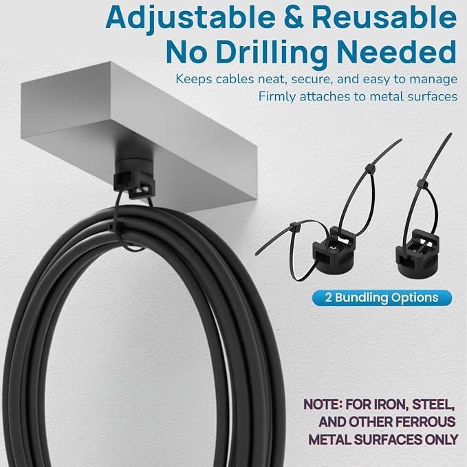 225-Pc Magnetic Cable Ties Set,Magnetic Zip Tie Mounts & Cable Ties | Magnetic Wire Holder, 25 Magnetic Cable Holders & 200 Zip Ties, Magnet Cable Tie Mounts for Cables, Wires, Cords, Hoses-22 mm