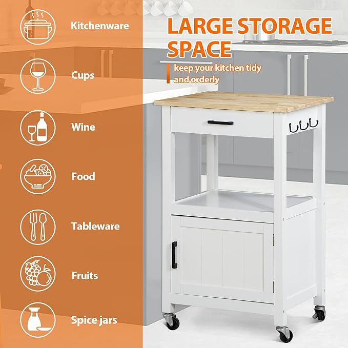 Nova Microdermabrasion Kitchen Island Cart on Wheels, Rolling Kitchen Cart with Single Door Cabinet, Mobile Small Coffee Cart Microwave Oven Cart Serving Cart for Dining Room, White