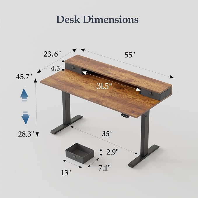 Klicelor 55 x24 Inch Electric Standing Desk with Drawers, Adjustable Height Small Sit Stand Desk for Home Office, Compact Computer Workstation with Storage– Rustic Brown