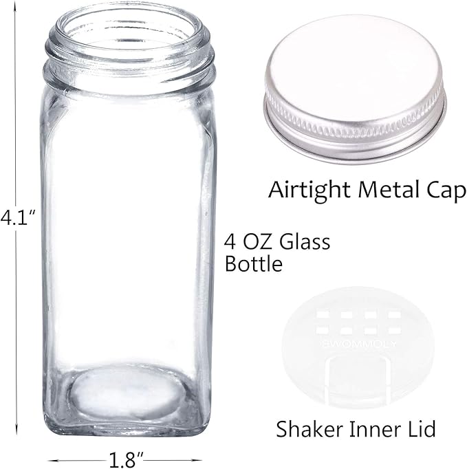 SWOMMOLY 30 Pcs Glass Spice Jars with Lids, 4oz Spice Bottles with Labels | Square Spice Containers with Shaker Lids, 703 Labels, Chalk Marker, Funnel- Seasoning Bottles for Racks, Cabinets, Drawers