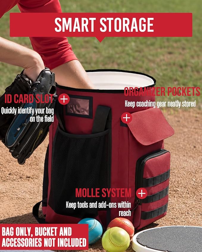 Baseball Bucket Bag, Softball Coaches Bags Fit 6 Gallon Buket, Baseball Coaching Accessories with Multiple Pockets