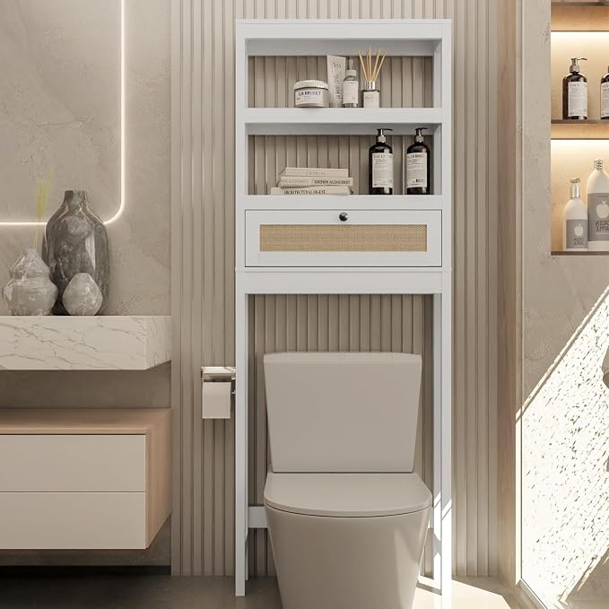 Over Toilet Storage Cabinet with Barn Door & Adjustable Shelves | 24 Inch Wide Bathroom Organizer, Space-Saving, Sturdy Wood, Anti-Tipping, Easy Assembly, for Restroom, Laundry, Small Spaces