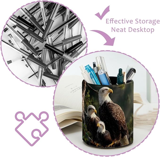 Eagle Family Pen Holder Pencil Organizer for Desk, 3.1” x 3.1” x 3.9” Pencil Cup Office Supplies, Large Capacity Cute Pen and Makeup Brush Holder for Desktop, Home, School