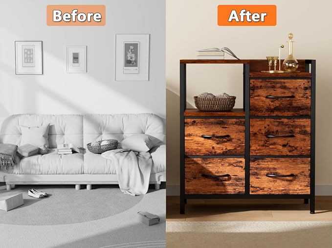 Furnulem Rustic Brown Dressers for Bedroom, 5 Drawer Dresser for Closet | Small Fabric Dresser with 2 Tier Shelf, Drawer Units with Sturdy Metal Frame, Storage Cabinet Organizer for Hallway, Wood Top